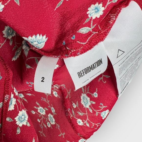 Reformation Floral Mini Dress Fit & Flare Ruched Detail Sleeve Button Down Red 2 - Picture 5 of 7